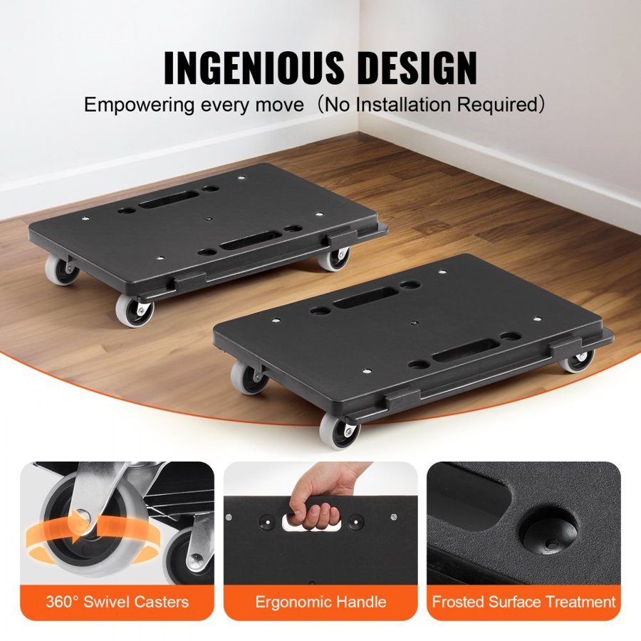 VEVOR Furniture Dolly, 226.8 kg Capacity Each Count, Furniture Mover with Wheels, Portable Moving Rollers 4 Wheels Heavy Duty, Small Flat Dolly Cart with Interlocking for Heavy Furniture, 2 Pack, Black