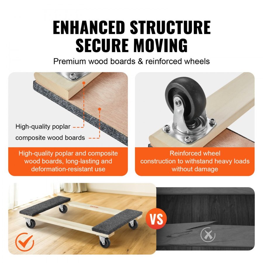 VEVOR Furniture Dolly, 1000 lbs Load Capacity, 18" x 30", 4 x 3" PP Swivel Casters, Heavy Duty Hardwood Furniture Moving Dolly, Mover's Dolly, Moving Cart with Wheels for Heavy Furniture Home Cleaning