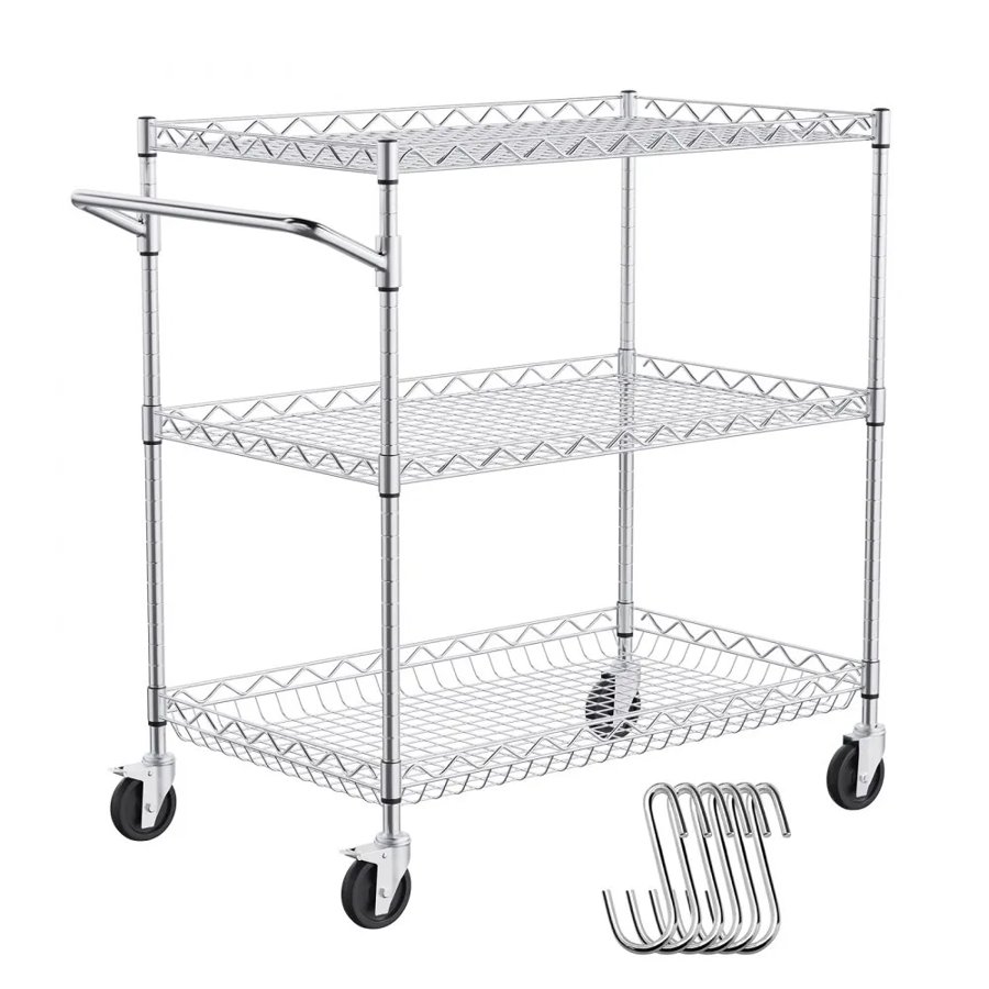 VEVOR Kitchen Utility Cart, 3 Tier Heavy Duty Adjustable Wire Storage Rack, Commercial Steel Rolling Service Trolley on Wheels, Work Table with Handle Bar, for Garage and Laundry Room, 76x46x91 cm