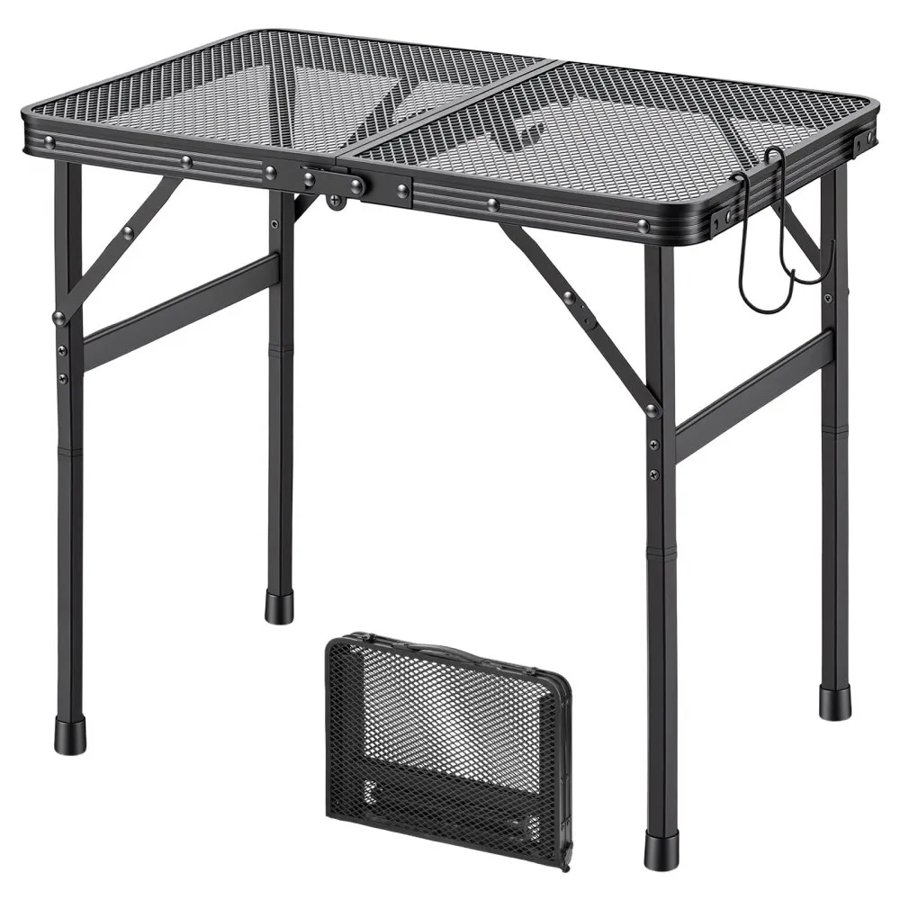 VEVOR Folding Grill Table 60x40 cm Camping Tables 41 kg Capacity Aluminum, Lightweight & Compact for Picnic BBQ Tailgating, Adjustable Height, Outdoor Side Stand with Portable Handle, Black Metal Mesh