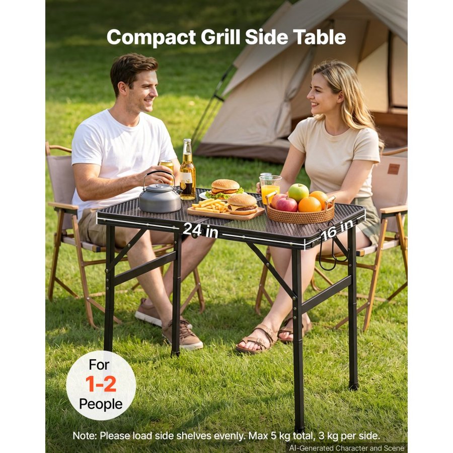 VEVOR Folding Grill Table 60x40 cm Camping Tables 41 kg Capacity Aluminum, Lightweight & Compact for Picnic BBQ Tailgating, Adjustable Height, Outdoor Side Stand with Portable Handle, Black Metal Mesh