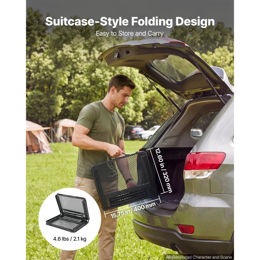 VEVOR Folding Grill Table 60x40 cm Camping Tables 41 kg Capacity Aluminum, Lightweight & Compact for Picnic BBQ Tailgating, Adjustable Height, Outdoor Side Stand with Portable Handle, Black Metal Mesh