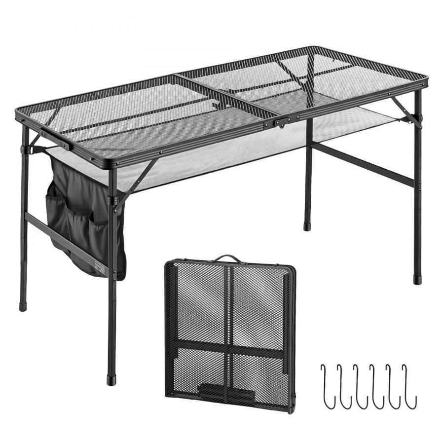 VEVOR Folding Grill Table 120x60 cm Camping Tables 55 kg Capacity Aluminum, Compact for Picnic BBQ Tailgating, Adjustable Height, Outdoor Side Stand with Side Pocket, Portable Handle, Black Metal Mesh