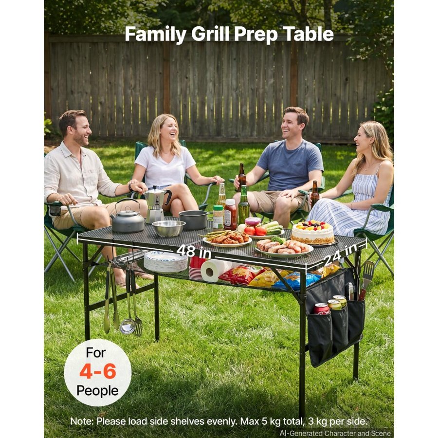 VEVOR Folding Grill Table 120x60 cm Camping Tables 55 kg Capacity Aluminum, Compact for Picnic BBQ Tailgating, Adjustable Height, Outdoor Side Stand with Side Pocket, Portable Handle, Black Metal Mesh