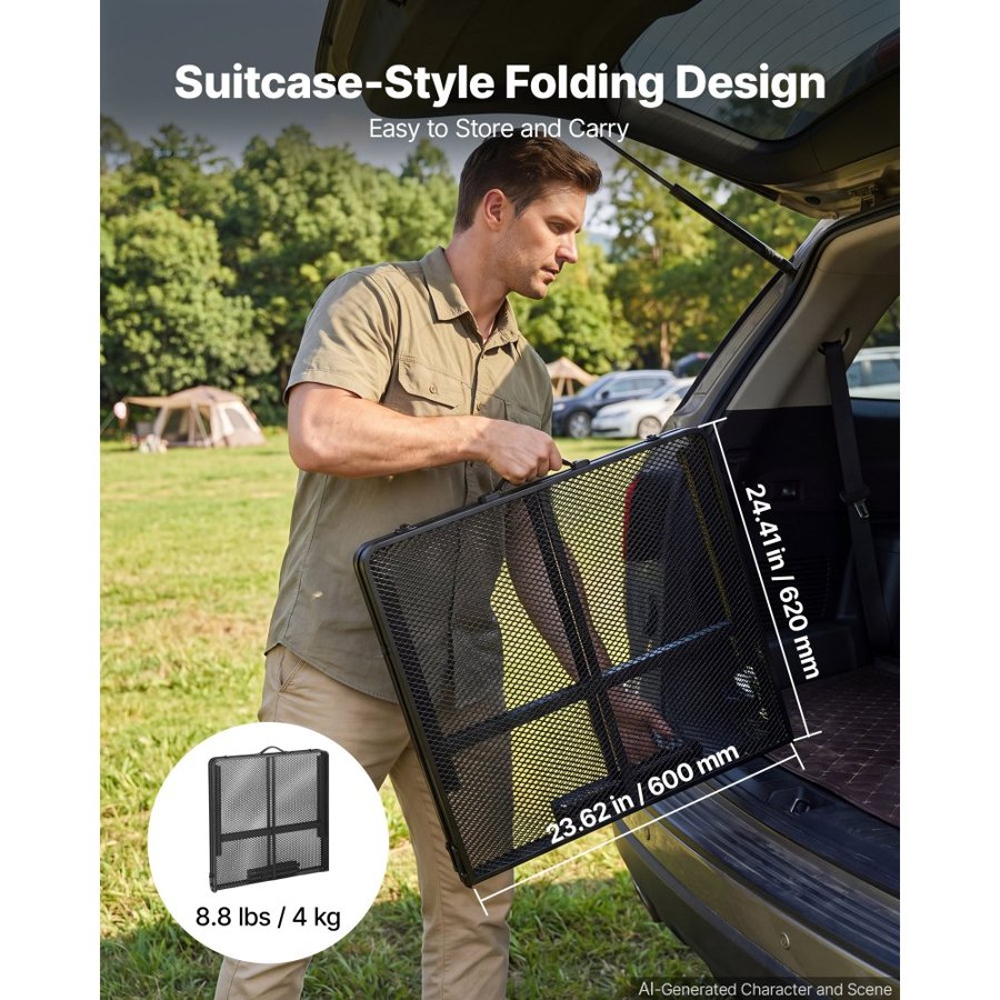 VEVOR Folding Grill Table 120x60 cm Camping Tables 55 kg Capacity Aluminum, Compact for Picnic BBQ Tailgating, Adjustable Height, Outdoor Side Stand with Side Pocket, Portable Handle, Black Metal Mesh