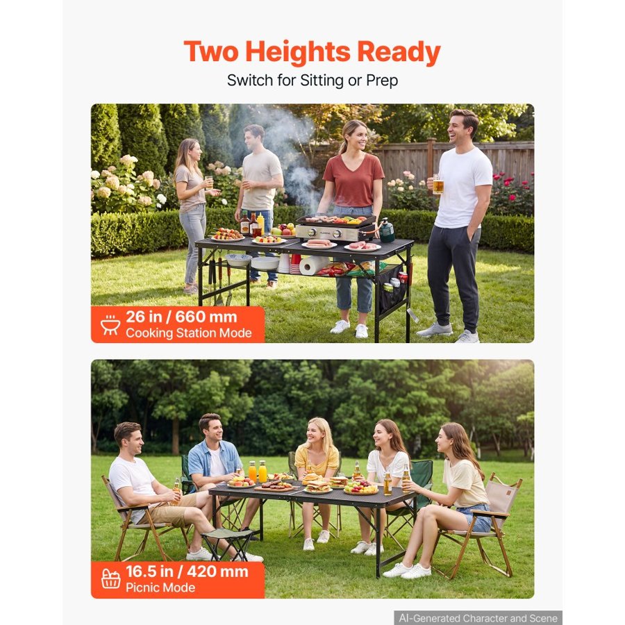VEVOR Folding Grill Table 120x60 cm Camping Tables 55 kg Capacity Aluminum, Compact for Picnic BBQ Tailgating, Adjustable Height, Outdoor Side Stand with Side Pocket, Portable Handle, Black Metal Mesh