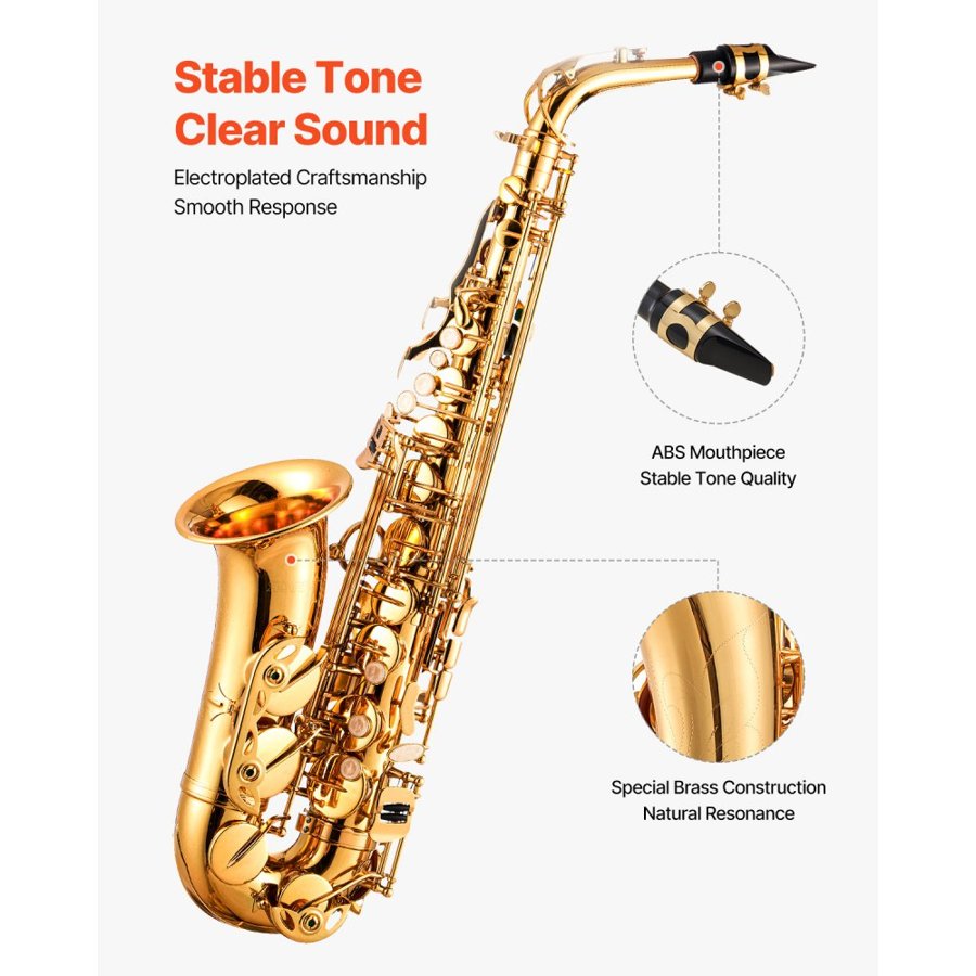 VEVOR Alto Saxophone, E Flat, Brass Saxophone Beginner Kit with Carrying Case, Mouthpiece, Straps, Cleaning Cloth Rod, Gloves, Grease, Neck Strap, 23 Keys Alto Sax Kit, for Beginners Students, Gold