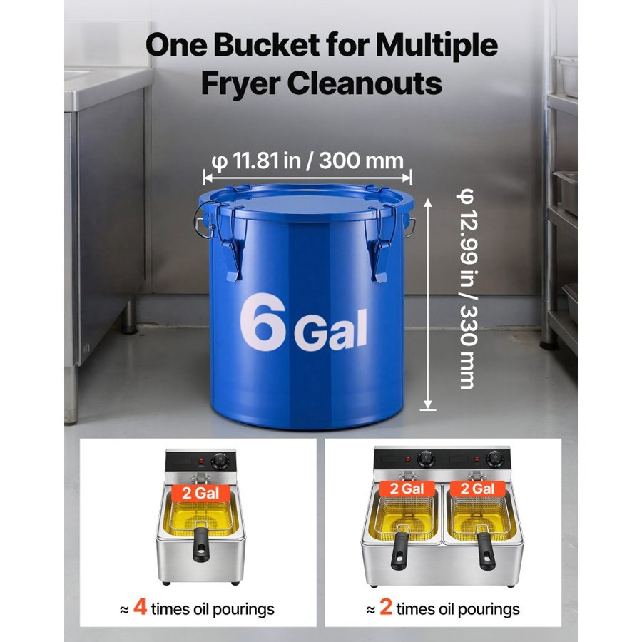 VEVOR Fryer Grease Bucket, 22.7L Oil Disposal Caddy Carbon Steel Fryer Oil Bucket with Rust-Proof Coating, Oil Transport Container with Lid, Lock Clips, Filter Bag for Hot Cooking Oil Filtering, Blue