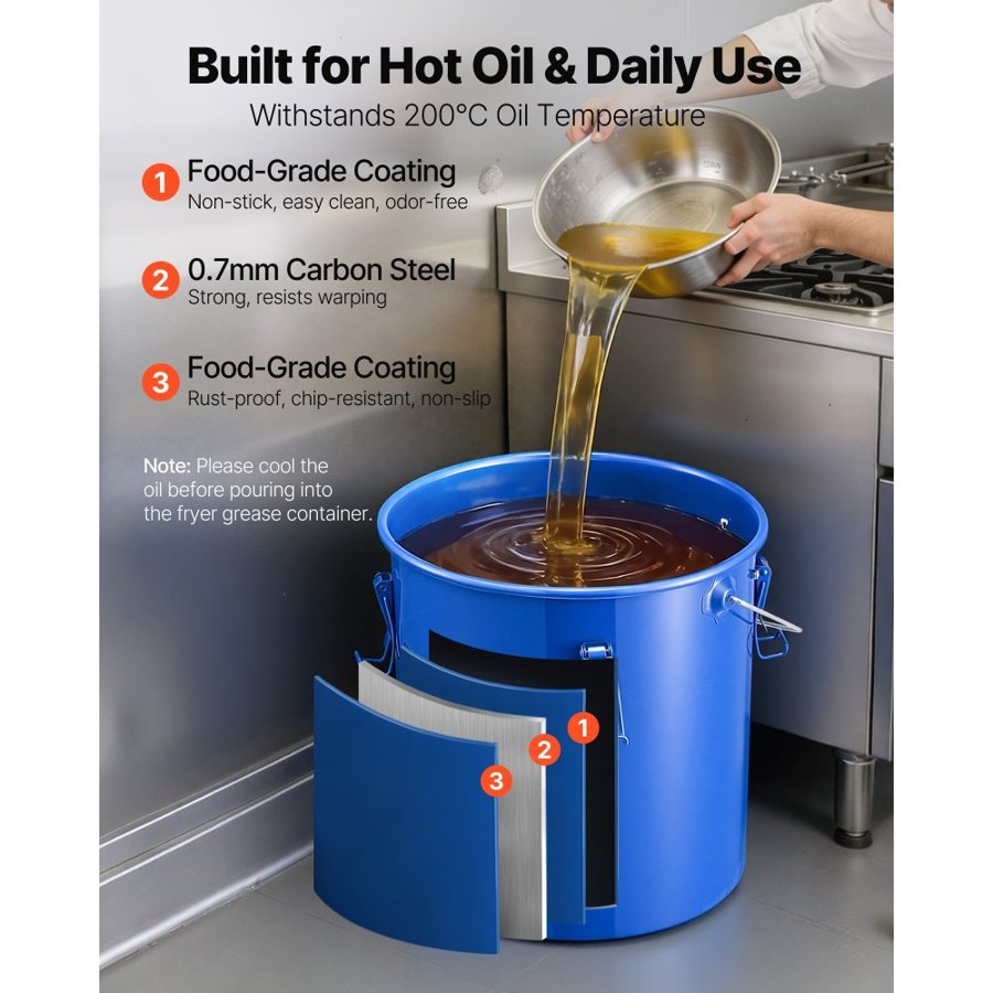 VEVOR Fryer Grease Bucket, 22.7L Oil Disposal Caddy Carbon Steel Fryer Oil Bucket with Rust-Proof Coating, Oil Transport Container with Lid, Lock Clips, Filter Bag for Hot Cooking Oil Filtering, Blue