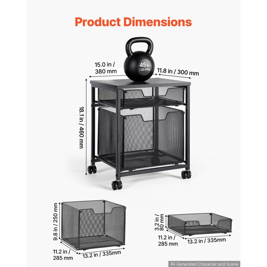 VEVOR Rolling File Cart 2-Tier Mobile Filing Cabinet with Wheels Drawers, for Home Office, Large Storage Capacity, Hanging File Folder Organizer, Easy Mobility, with 45 lbs / 20.5 kg Load, Black