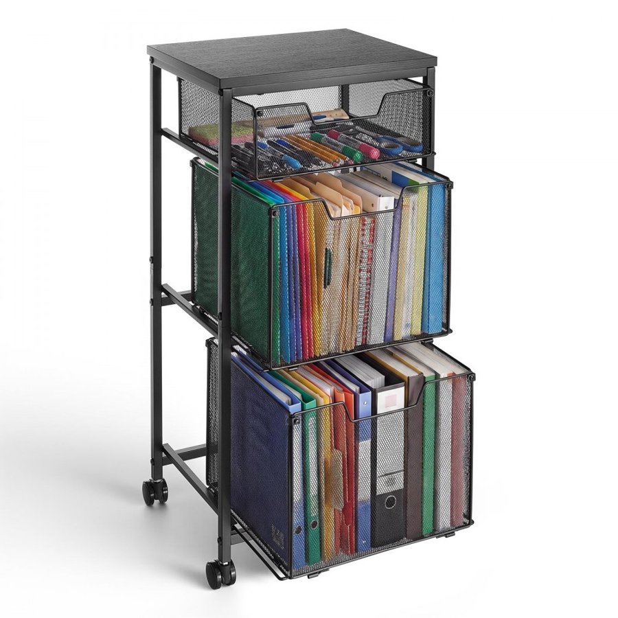 VEVOR Rolling File Cart 3-Tier Mobile Filing Cabinet with Wheels Drawers, for Home Office, Large Storage Capacity, Under Desk Hanging File Folder Organizer, with 45 lbs / 20.5 kg Max Load, Black