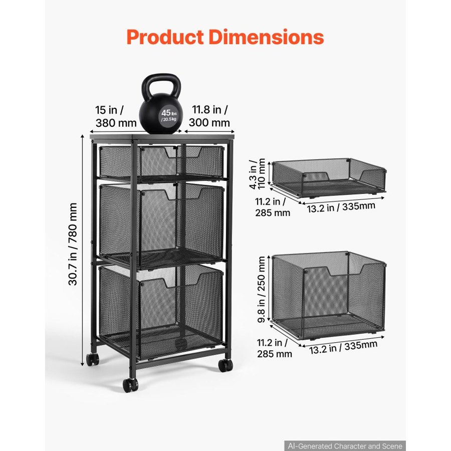 VEVOR Rolling File Cart 3-Tier Mobile Filing Cabinet with Wheels Drawers, for Home Office, Large Storage Capacity, Under Desk Hanging File Folder Organizer, with 45 lbs / 20.5 kg Max Load, Black