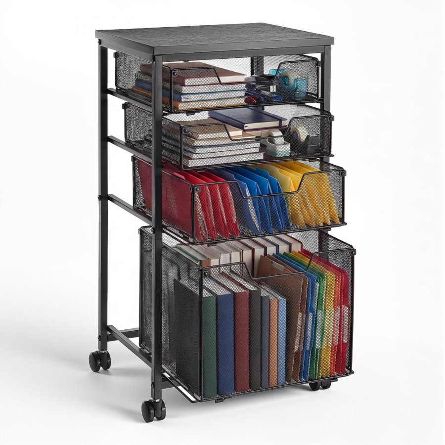VEVOR Rolling File Cart 4-Tier Mobile Filing Cabinet with Wheels Drawers, for Home Office, Large Storage Capacity, Under Desk Hanging File Folder Organizer, with 45 lbs / 20.5 kg Max Load, Black