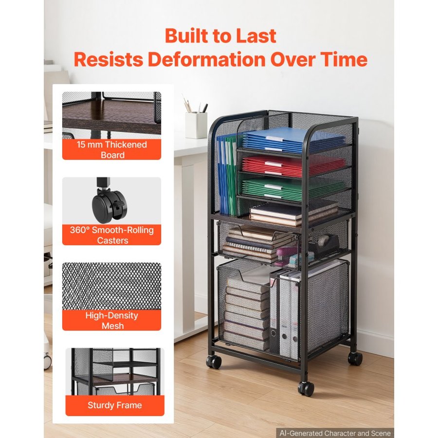 VEVOR Rolling File Cart 6-Tier Mobile Filing Cabinet with Wheels Drawers, for Home Office, Large Storage Capacity, Under Desk Hanging File Folder Organizer, with 45 lbs / 20.5 kg Max Load, Black