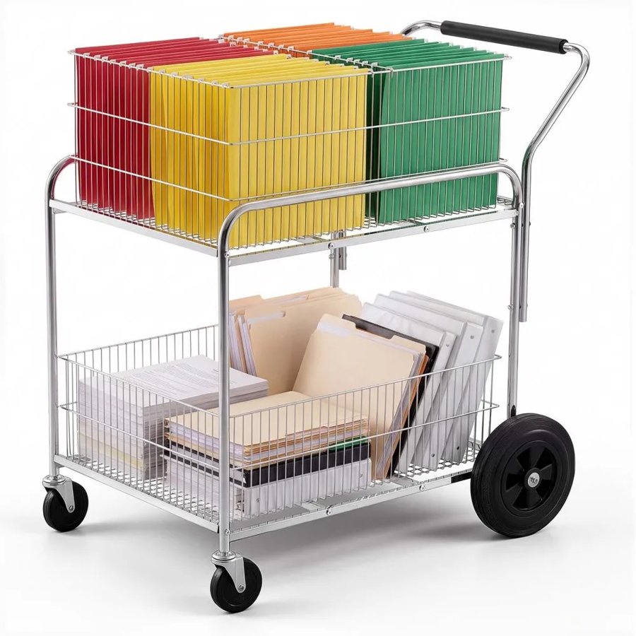 VEVOR Rolling File Cart 2-Tier Mobile Wire Mail Cart with Lockable Wheels, for Office Records Room, Heavy-Duty File Folder Organizer Utility Wagon, with 264.55 lbs / 120 kg Load, 37.6 x 22.4 x 38 in