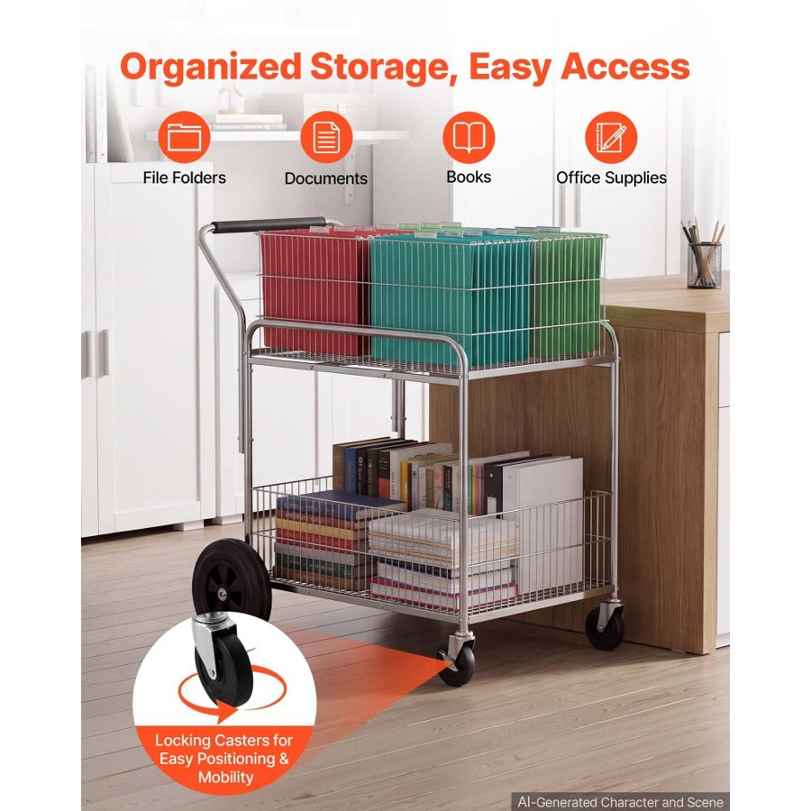 VEVOR Rolling File Cart 2-Tier Mobile Wire Mail Cart with Lockable Wheels, for Office Records Room, Heavy-Duty File Folder Organizer Utility Wagon, with 264.55 lbs / 120 kg Load, 37.6 x 22.4 x 38 in