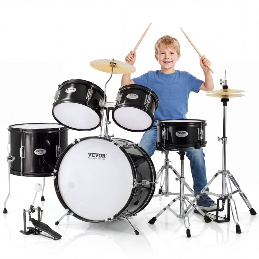 VEVOR Kids Drum Set, 5-Piece, 16 in Beginner Full Drum Set with Bass Toms Snare Floor Drum Adjustable Throne Cymbal Hi-Hat Pedal and Two Pairs of Drumsticks, Starter Drum Kit for Child Kids, Black