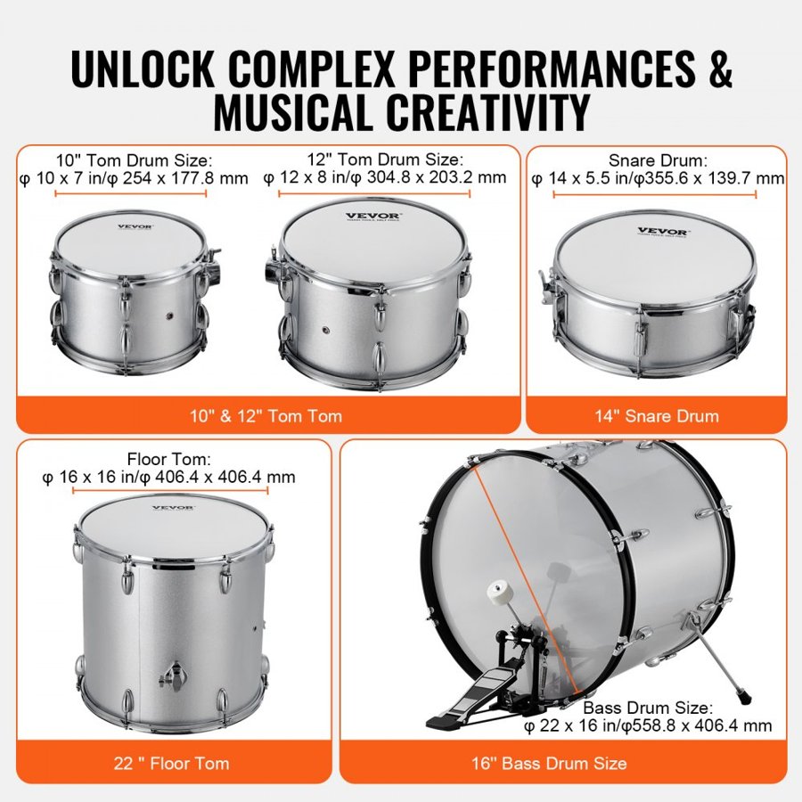 VEVOR Adult Drum Set, 5-Piece, 22 inches Complete Full Size Drum Kit with Bass Toms Snare Floor Drum Adjustable Throne Stands Cymbal Hi-Hat Pedal and Drumsticks, Beginner Drum Kit for Adults, Silver