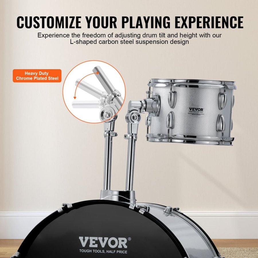 VEVOR Adult Drum Set, 5-Piece, 22 inches Complete Full Size Drum Kit with Bass Toms Snare Floor Drum Adjustable Throne Stands Cymbal Hi-Hat Pedal and Drumsticks, Beginner Drum Kit for Adults, Silver