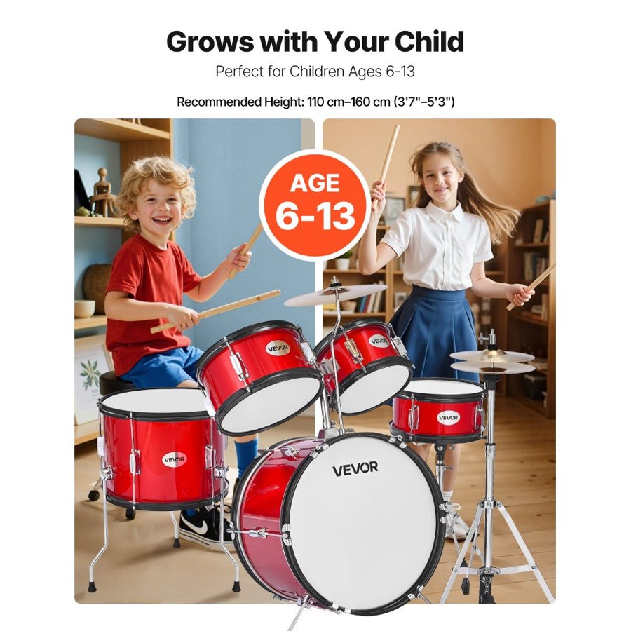 VEVOR Kids Drum Set, 5-Piece 16 in / 406.4 mm Junior Drum Sets, Beginner Drums Set with Adjustable Throne and Two Pairs of Drumsticks, Musical Learning Drums Instruments Kit, for Children Ages 6-13 (Red)