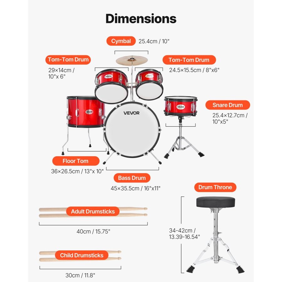 VEVOR Kids Drum Set, 5-Piece 16 in / 406.4 mm Junior Drum Sets, Beginner Drums Set with Adjustable Throne and Two Pairs of Drumsticks, Musical Learning Drums Instruments Kit, for Children Ages 6-13 (Red)
