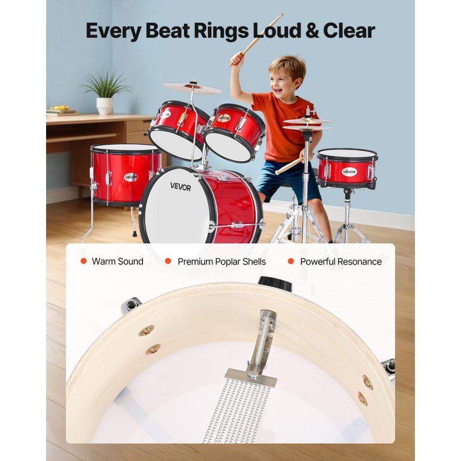 VEVOR Kids Drum Set, 5-Piece 16 in / 406.4 mm Junior Drum Sets, Beginner Drums Set with Adjustable Throne and Two Pairs of Drumsticks, Musical Learning Drums Instruments Kit, for Children Ages 6-13 (Red)