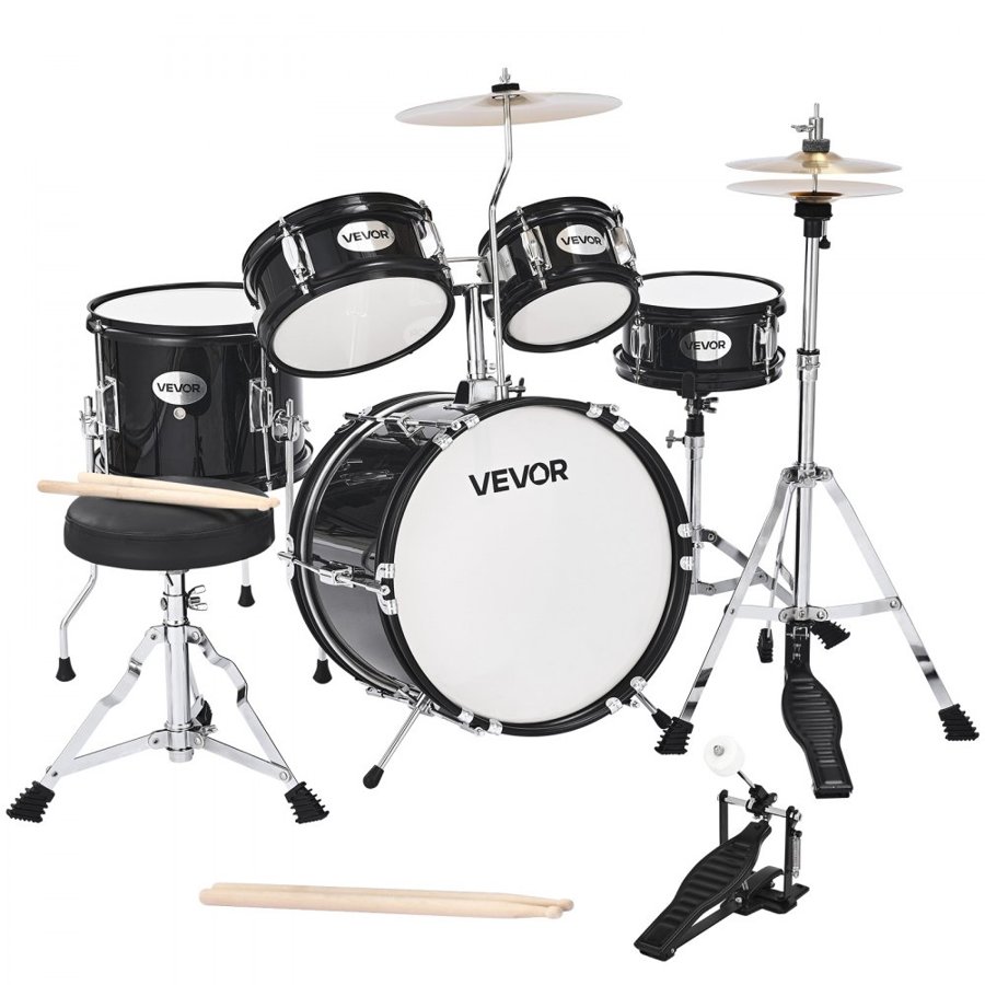 VEVOR Kids Drum Set, 5-Piece 14 in / 355.6 mm Junior Drum Sets, Beginner Drums Set with Adjustable Throne and Two Pairs of Drumsticks, Musical Learning Drums Instruments Kit, for Children Ages 6-13(Black)