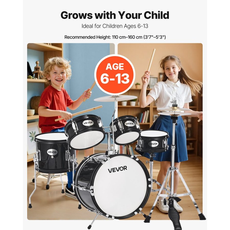 VEVOR Kids Drum Set, 5-Piece 14 in / 355.6 mm Junior Drum Sets, Beginner Drums Set with Adjustable Throne and Two Pairs of Drumsticks, Musical Learning Drums Instruments Kit, for Children Ages 6-13(Black)