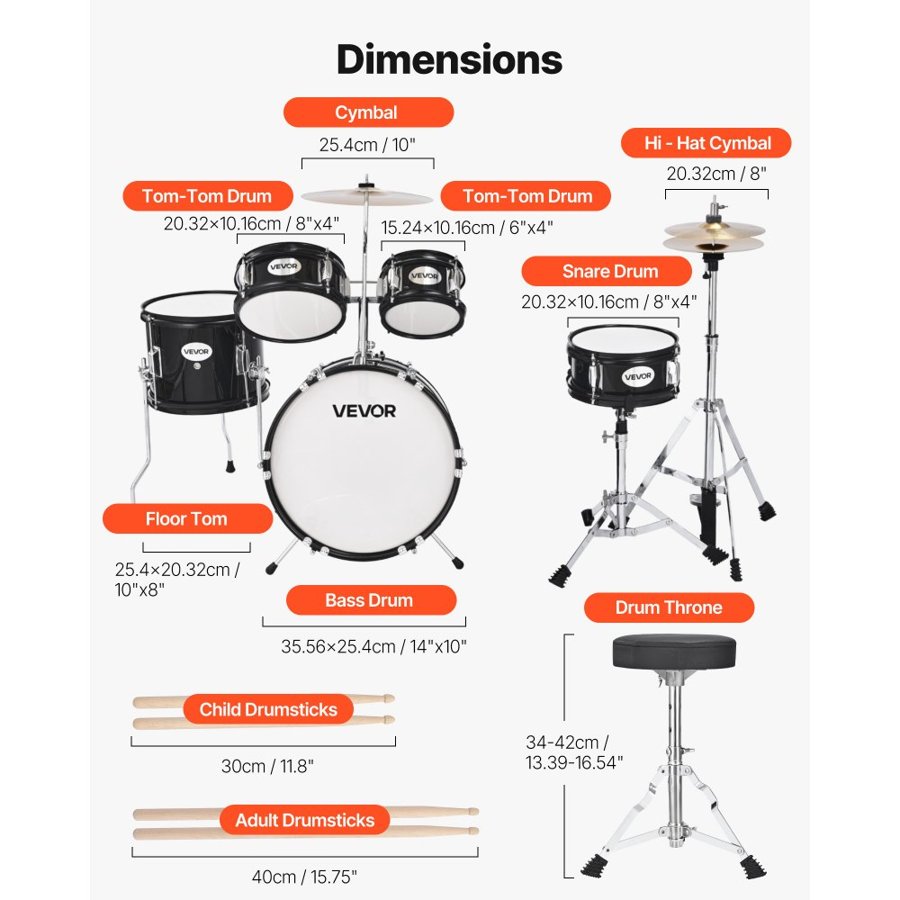 VEVOR Kids Drum Set, 5-Piece 14 in / 355.6 mm Junior Drum Sets, Beginner Drums Set with Adjustable Throne and Two Pairs of Drumsticks, Musical Learning Drums Instruments Kit, for Children Ages 6-13(Black)