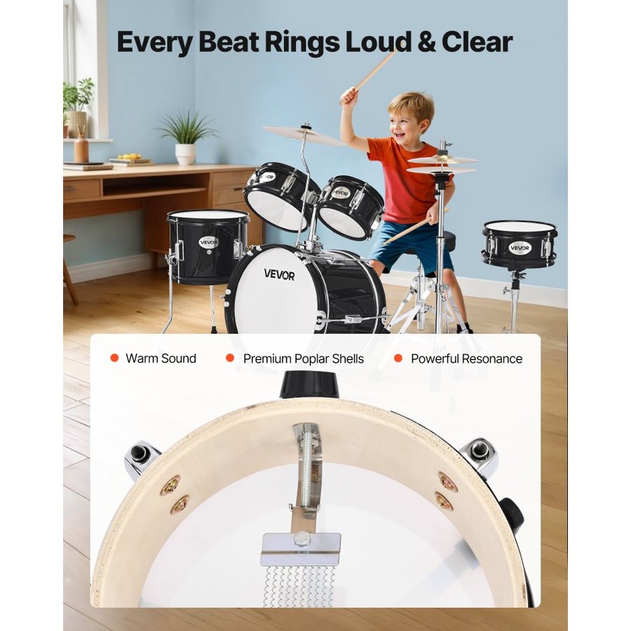 VEVOR Kids Drum Set, 5-Piece 14 in / 355.6 mm Junior Drum Sets, Beginner Drums Set with Adjustable Throne and Two Pairs of Drumsticks, Musical Learning Drums Instruments Kit, for Children Ages 6-13(Black)