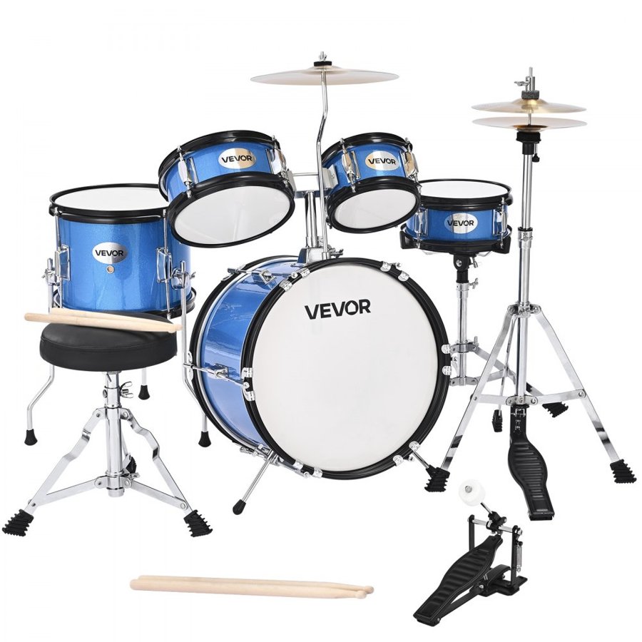 VEVOR Kids Drum Set, 5-Piece 14 in / 355.6 mm Junior Drum Sets, Beginner Drums Set with Adjustable Throne and Two Pairs of Drumsticks, Musical Learning Drums Instruments Kit, for Children Ages 6-13 (Blue)