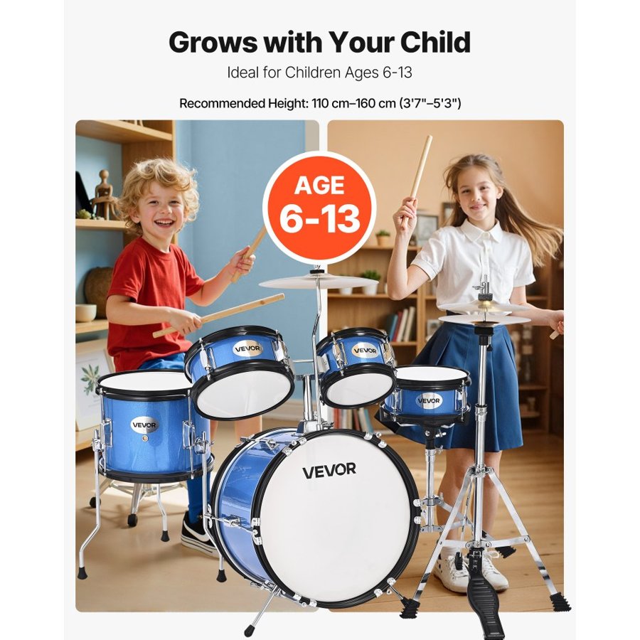 VEVOR Kids Drum Set, 5-Piece 14 in / 355.6 mm Junior Drum Sets, Beginner Drums Set with Adjustable Throne and Two Pairs of Drumsticks, Musical Learning Drums Instruments Kit, for Children Ages 6-13 (Blue)