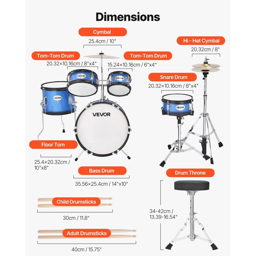 VEVOR Kids Drum Set, 5-Piece 14 in / 355.6 mm Junior Drum Sets, Beginner Drums Set with Adjustable Throne and Two Pairs of Drumsticks, Musical Learning Drums Instruments Kit, for Children Ages 6-13 (Blue)