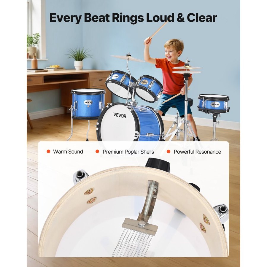 VEVOR Kids Drum Set, 5-Piece 14 in / 355.6 mm Junior Drum Sets, Beginner Drums Set with Adjustable Throne and Two Pairs of Drumsticks, Musical Learning Drums Instruments Kit, for Children Ages 6-13 (Blue)