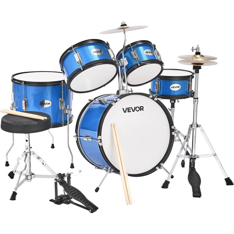 VEVOR Kids Drum Set, 5-Piece 16 in / 406.4 mm Junior Drum Sets, Beginner Drums Set with Adjustable Throne and Two Pairs of Drumsticks, Musical Learning Drums Instruments Kit, for Children Ages 6-13 (Blue)