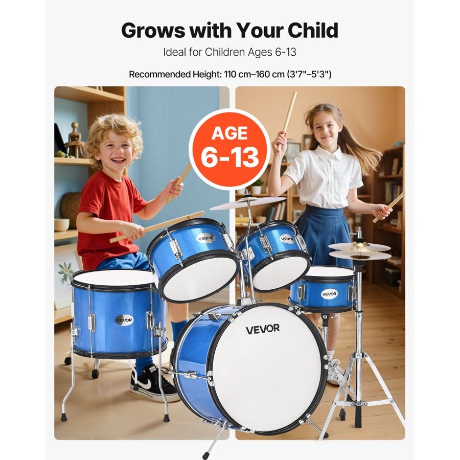 VEVOR Kids Drum Set, 5-Piece 16 in / 406.4 mm Junior Drum Sets, Beginner Drums Set with Adjustable Throne and Two Pairs of Drumsticks, Musical Learning Drums Instruments Kit, for Children Ages 6-13 (Blue)