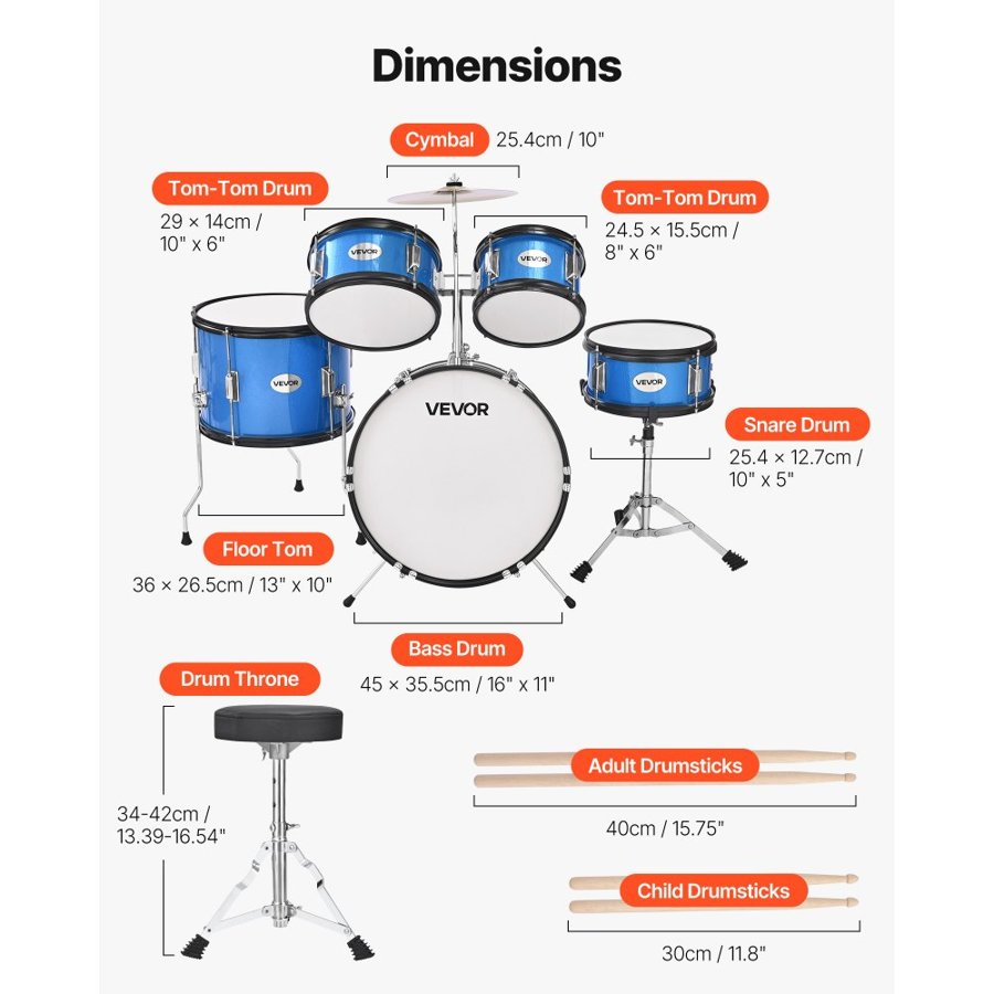 VEVOR Kids Drum Set, 5-Piece 16 in / 406.4 mm Junior Drum Sets, Beginner Drums Set with Adjustable Throne and Two Pairs of Drumsticks, Musical Learning Drums Instruments Kit, for Children Ages 6-13 (Blue)