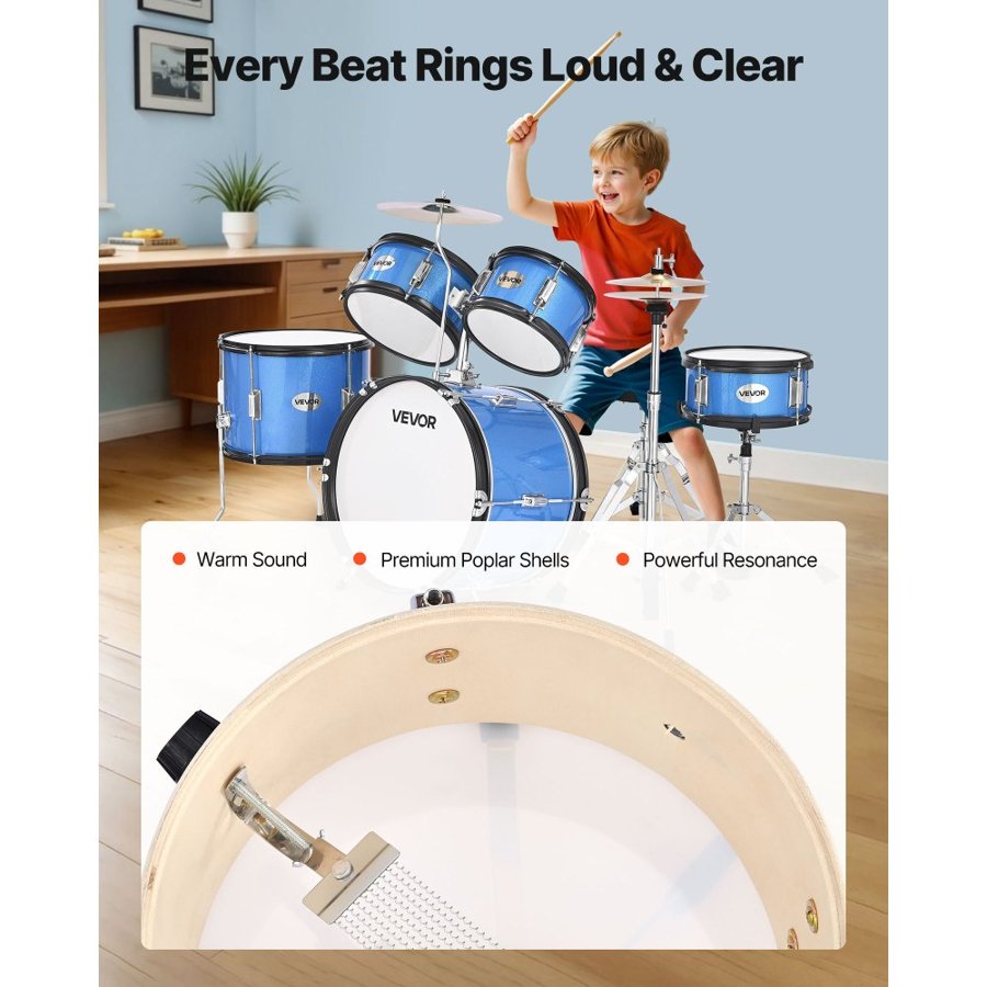 VEVOR Kids Drum Set, 5-Piece 16 in / 406.4 mm Junior Drum Sets, Beginner Drums Set with Adjustable Throne and Two Pairs of Drumsticks, Musical Learning Drums Instruments Kit, for Children Ages 6-13 (Blue)