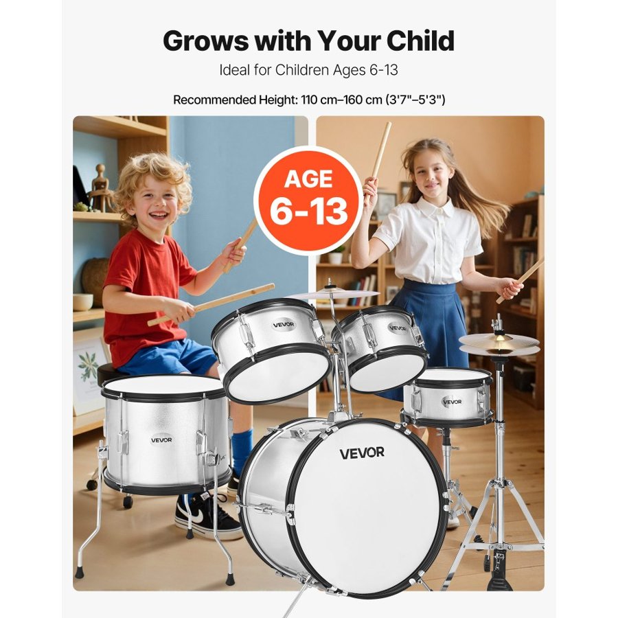 VEVOR Kids Drum Set, 5-Piece 16 in / 406.4 mm Junior Drum Sets, Beginner Drums Set with Adjustable Throne and Two Pairs of Drumsticks, Musical Learning Drums Instrument Kit, for Children Ages 6-13(Silver)
