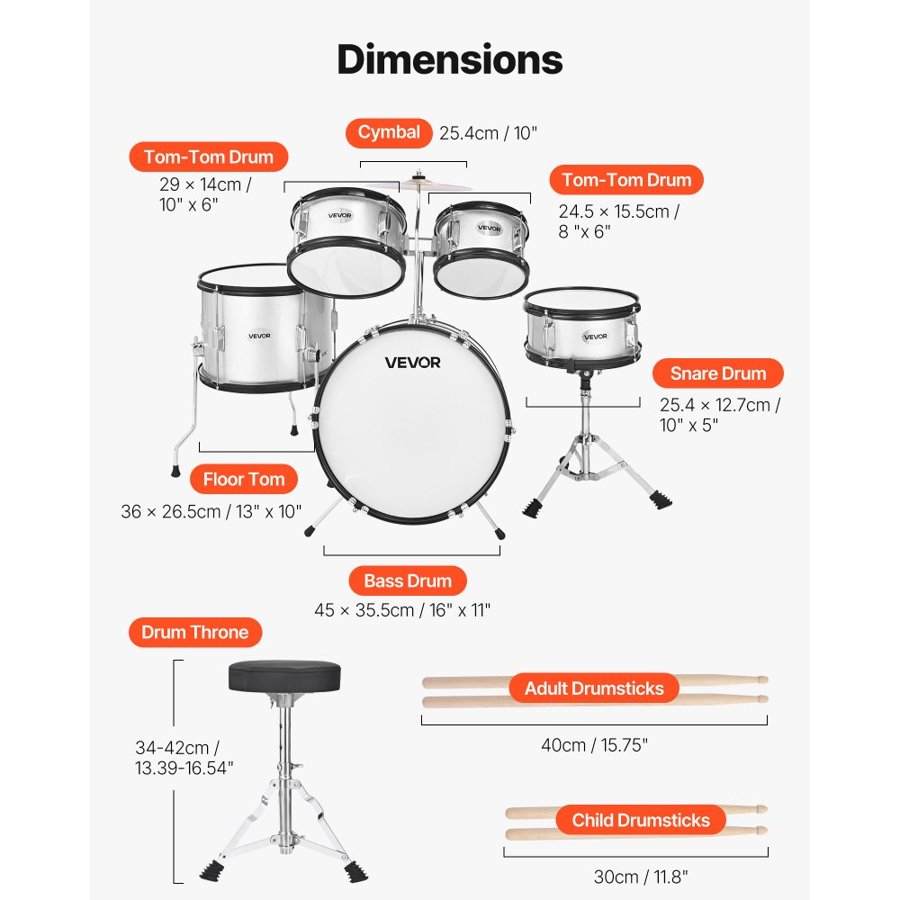 VEVOR Kids Drum Set, 5-Piece 16 in / 406.4 mm Junior Drum Sets, Beginner Drums Set with Adjustable Throne and Two Pairs of Drumsticks, Musical Learning Drums Instrument Kit, for Children Ages 6-13(Silver)