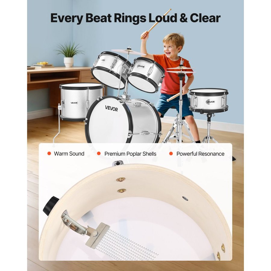 VEVOR Kids Drum Set, 5-Piece 16 in / 406.4 mm Junior Drum Sets, Beginner Drums Set with Adjustable Throne and Two Pairs of Drumsticks, Musical Learning Drums Instrument Kit, for Children Ages 6-13(Silver)