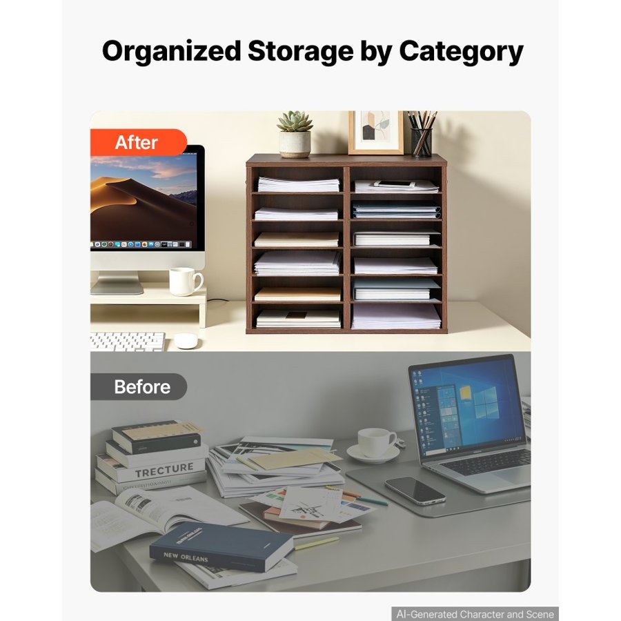 VEVOR Wood Literature Organizer 12 Compartments Office Mailboxes Brown, Countertop Literature Sorter for Files Documents Papers, with Adjustable Shelves, for Office, Home, Classroom Organization