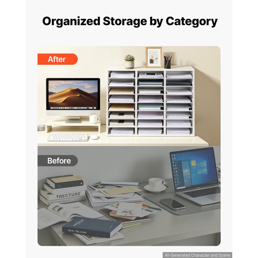 VEVOR Wood Literature Organizer 24 Compartments Office Mailboxes White, Countertop Literature Sorter for Files Documents Papers, with Adjustable Shelves, for Office, Home, Classroom Organization