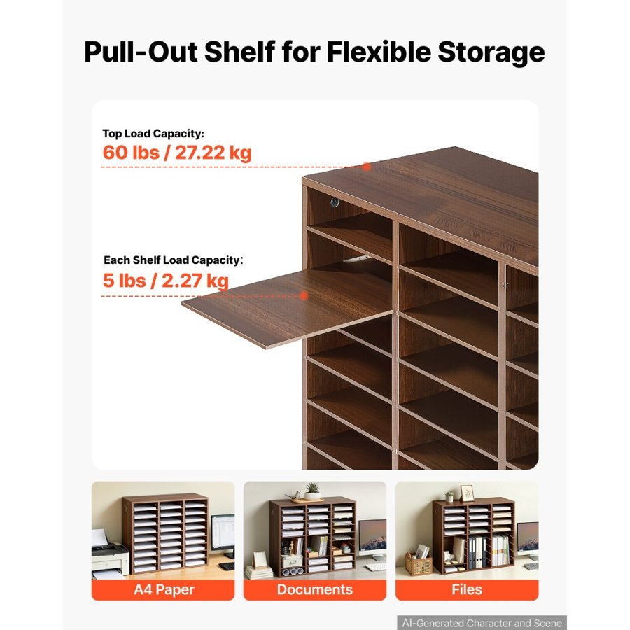 VEVOR Wood Literature Organizer 27 Compartments Office Mailboxes Brown, Countertop Literature Sorter for Files Documents Papers, with Adjustable Shelves, for Office, Home, Classroom Organization