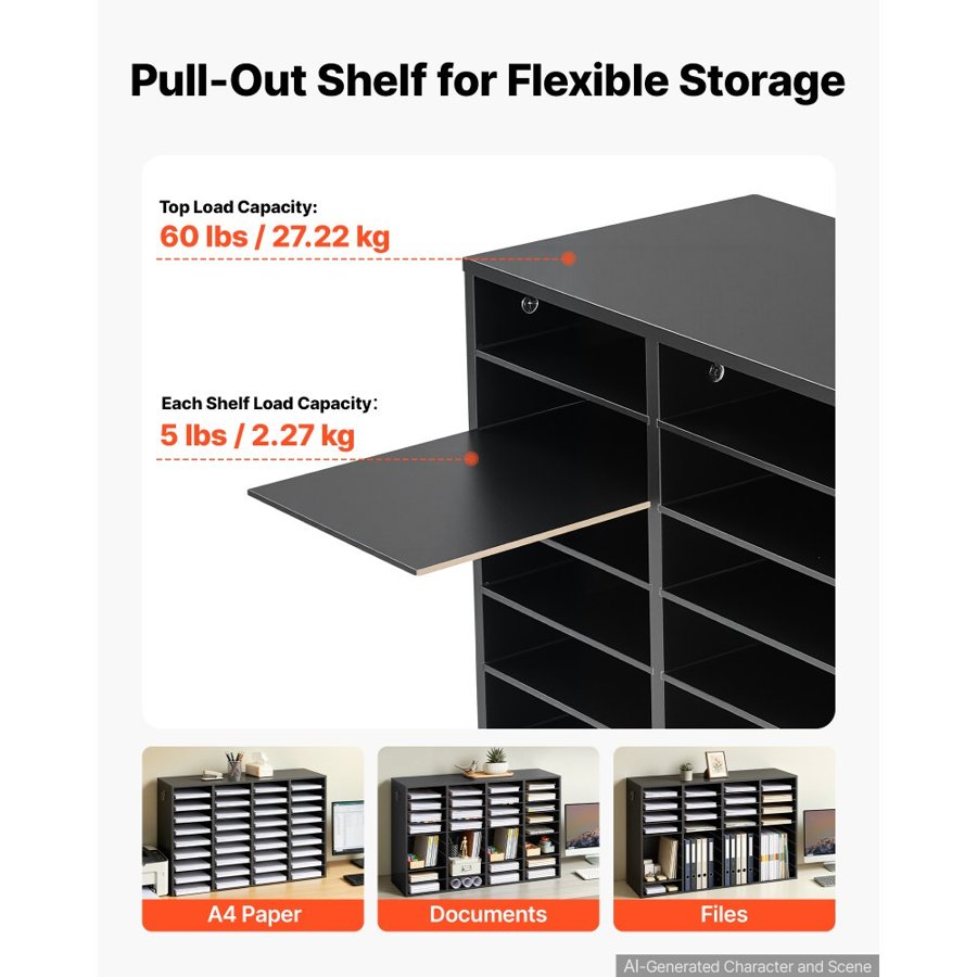 VEVOR Wood Literature Organizer 36 Compartments Office Mailboxes Black, Countertop Literature Sorter for Files Documents Papers, with Adjustable Shelves, for Office, Home, Classroom Organization