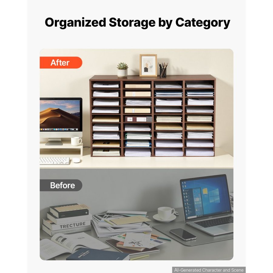 VEVOR Wood Literature Organizer 36 Compartments Office Mailboxes Brown, Countertop Literature Sorter for Files Documents Papers, with Adjustable Shelves, for Office, Home, Classroom Organization