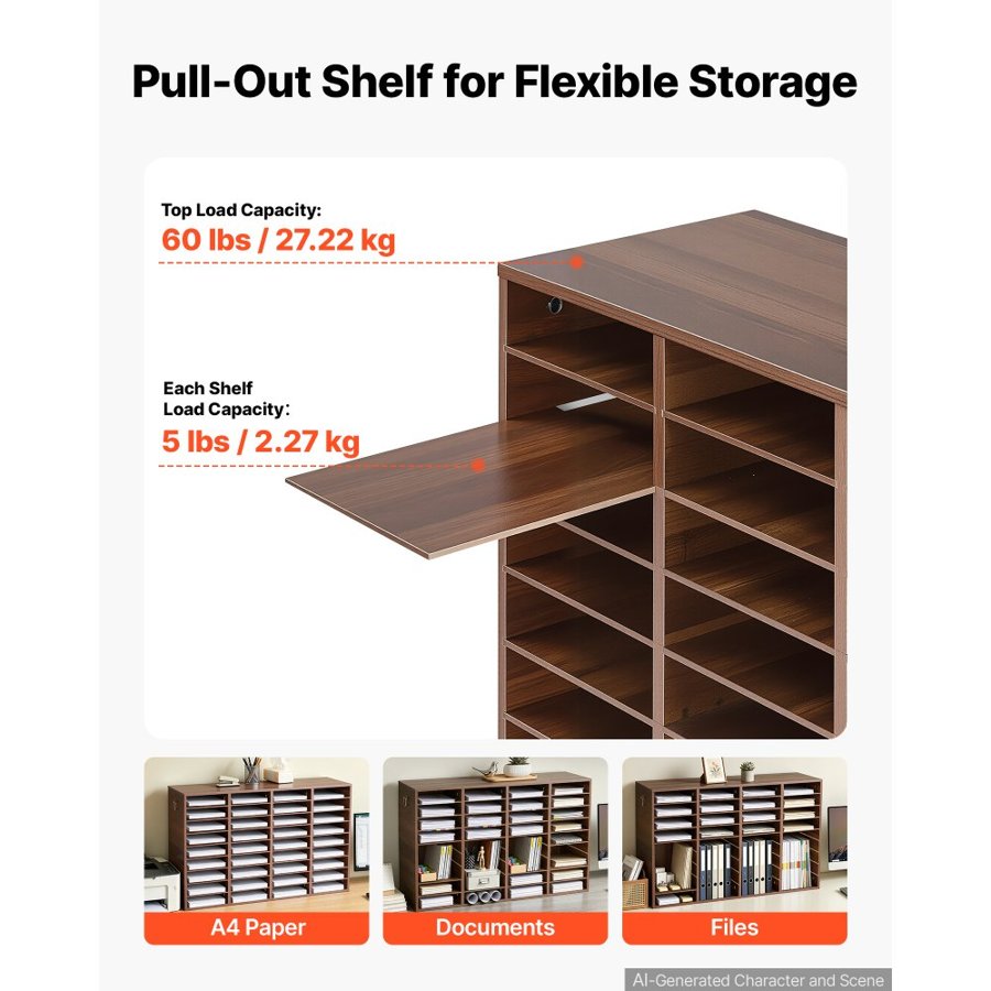 VEVOR Wood Literature Organizer 36 Compartments Office Mailboxes Brown, Countertop Literature Sorter for Files Documents Papers, with Adjustable Shelves, for Office, Home, Classroom Organization