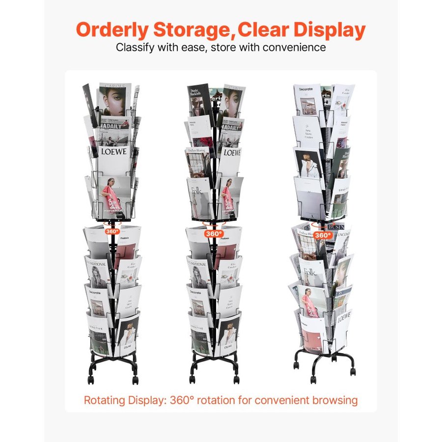 VEVOR Greeting Cards Display Rack, 32 Pockets Rotating Postcard Brochure Display Stand, 360° Spinning Card Display Rack with Sign Holder & 4 Wheels (2 Lockable) for Exhibitions Office Trade Show