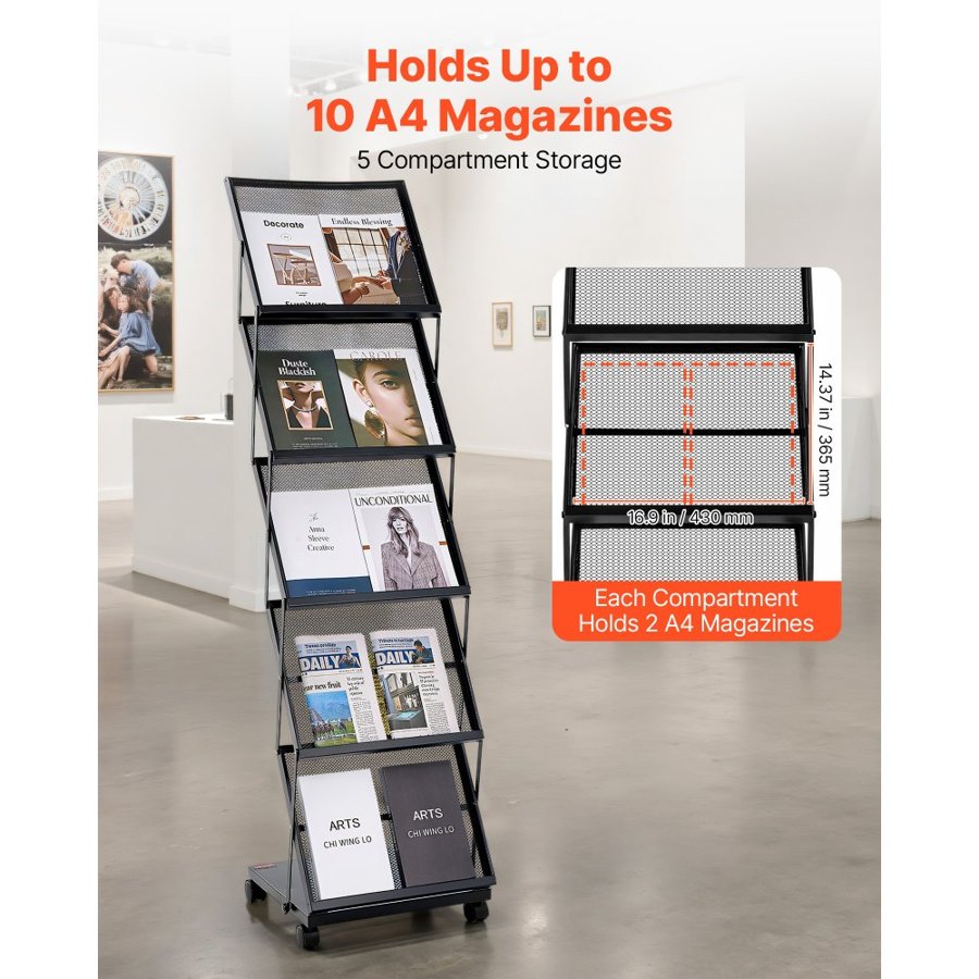 VEVOR Brochure Display Rack – 5 Pockets, Two 4 Inch Wheels