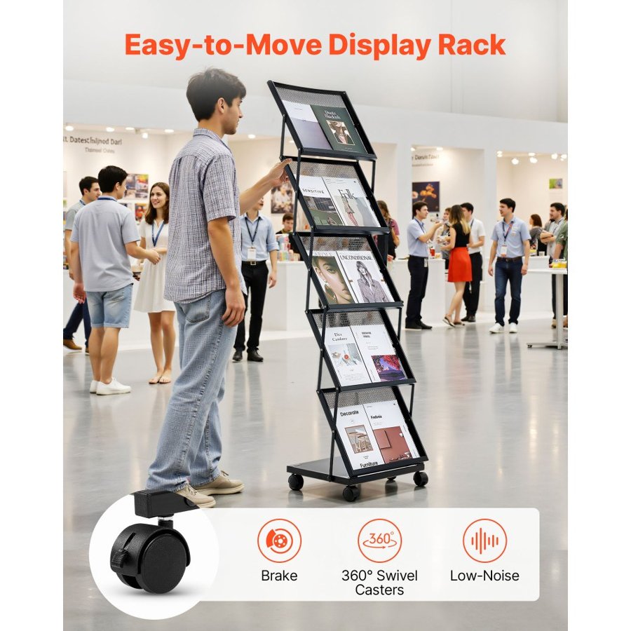 VEVOR Brochure Display Rack – 5 Pockets, Two 4 Inch Wheels